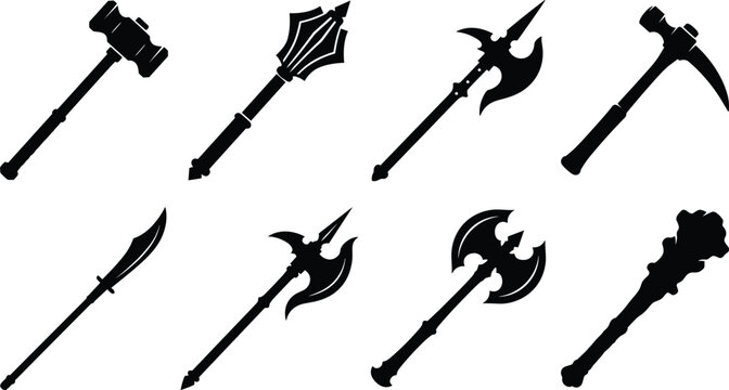 Set of medieval fantasy weapon silhouettes including battle axes, maces, and war hammers vector icons