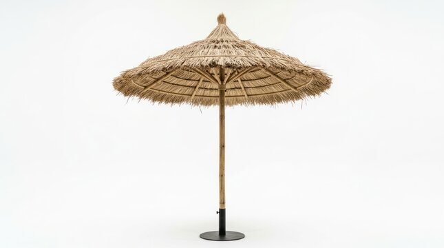 A thatched straw umbrella stands upright against a plain white background, showcasing a rustic and outdoor theme.