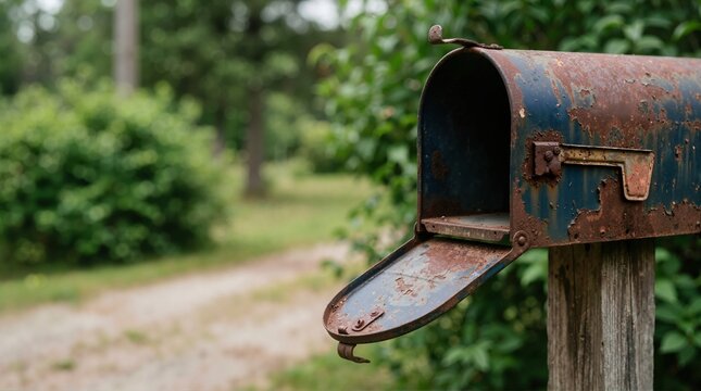 Close up of an old rusted blue mailbox with open door. Weathered metal letterbox on a wooden post in a rural yard