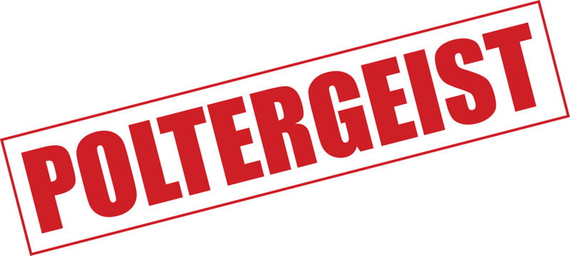 Bold red typography spelling poltergeist inside a rectangular frame design presented                    