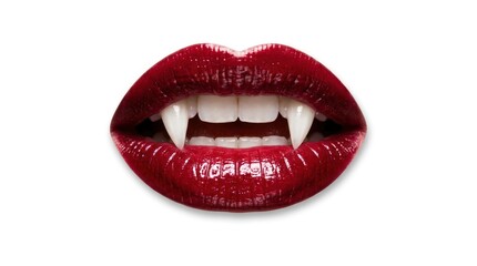 Obraz premium A pair of vivid red lips with prominent vampire teeth, set against a stark white background, evoking a sense of mystery and danger.