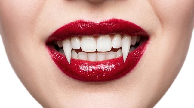A close-up of a person's lips adorned with striking red lipstick. The teeth are visibly elongated,
