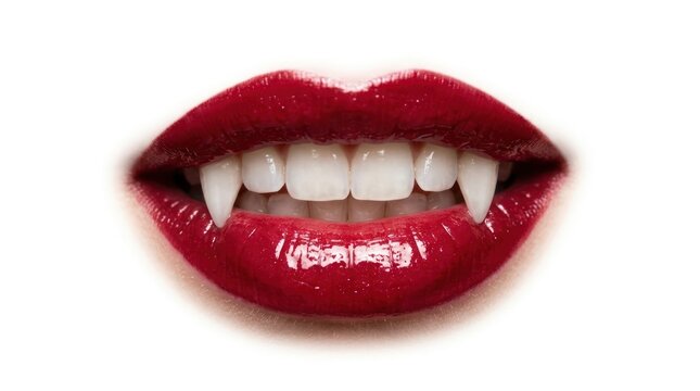 A striking image of red lips with vampire-like fangs, set against a stark white background.