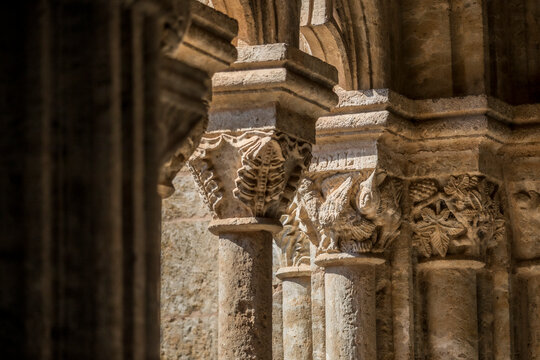 Romanesque architectural details on the capitals of the cloister at the Cathedral of Santa Mar&iacute;a in Ciudad Rodrigo, Salamanca, Spain.