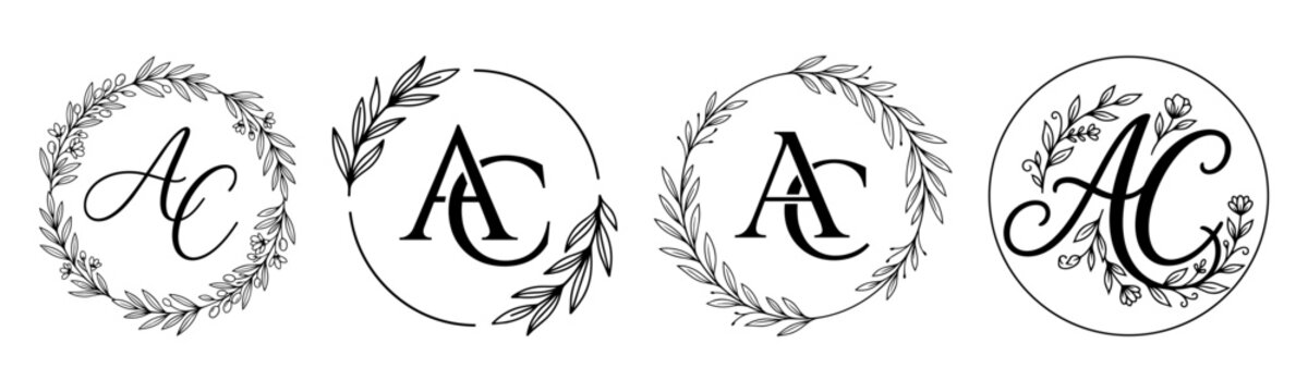 AC Monogram Set with Elegant Botanical Wreath and Floral Initial Letters Vector