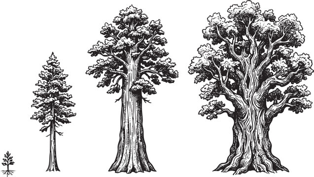 Sequoia redwood tree life cycle growth stages ink illustration