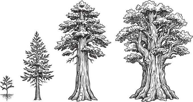 Giant sequoia tree growth timeline from seedling to mature sketch