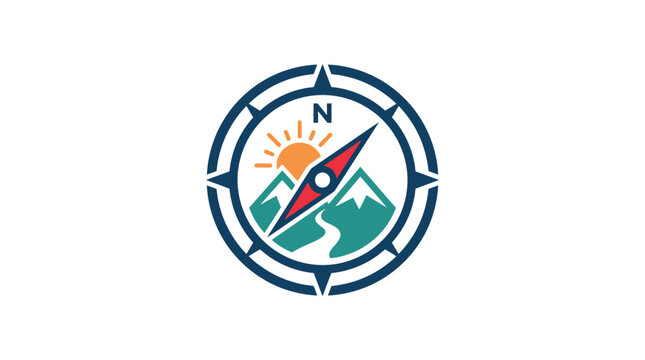 A graphic illustration of a compass featuring mountains and a rising sun