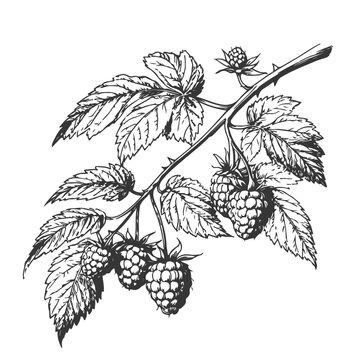 A sprig of blackberry or raspberry, black and white sketch. Vector illustration. The pattern of wild and medicinal berries is isolated on a white background. Suitable for menus, flyers, gift certifica