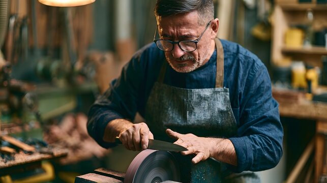 A focused craftsman sharpens a knife on a rotating belt grinder in a well equipped workshop filled with tools and wood shavings