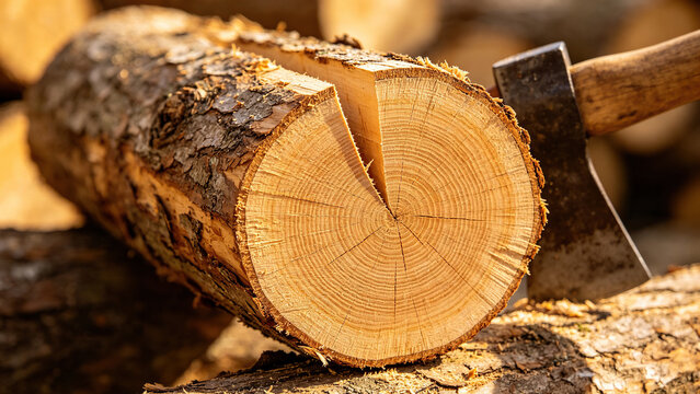 A wooden log cleanly split by an axe, revealing a fresh cross-section.
