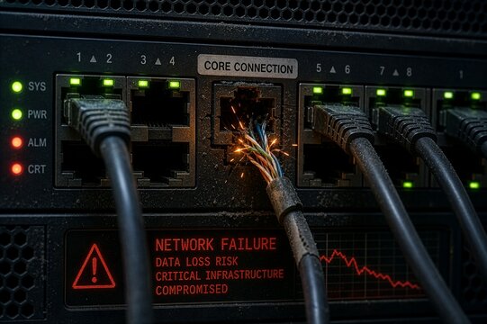 Frayed ethernet cable sparking in network server with failure warning