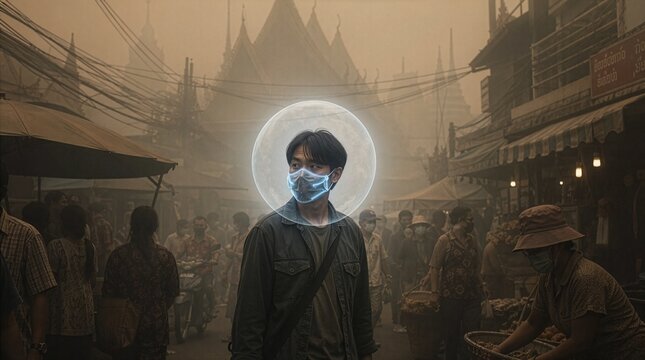 Man wearing glowing mask in protective bubble in smoggy market