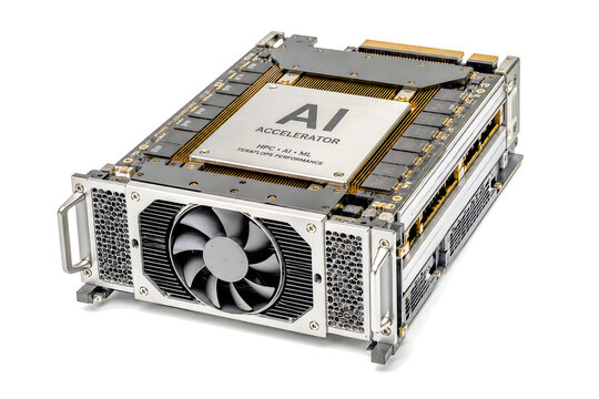 AI graphics card accelerator with cooling fan and metal casing  