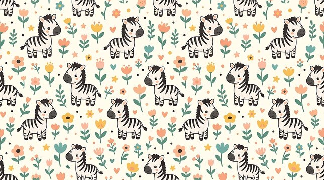 Seamless pattern with cute cartoon zebras and colorful flowers