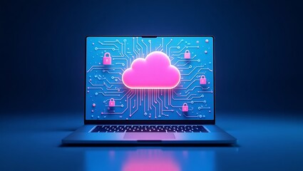 Fototapeta premium Digital cloud concept on laptop screen with circuit board and security icons