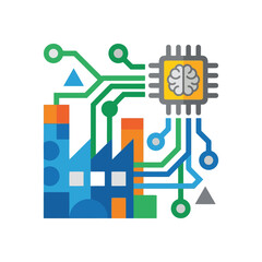 Obraz premium Futuristic smart industrial city skyline directly integrated with an advanced brain microchip and colorful green circuits.