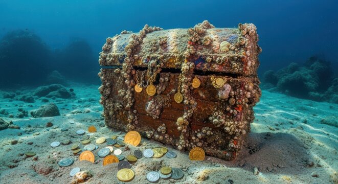 Sunken Pirate Treasure Chest Overflowing with Gold Coins Underwater