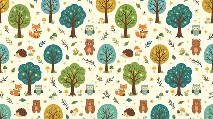 Fototapeta premium Seamless woodland pattern with cute forest animals and trees