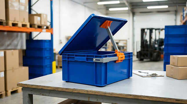 Blue plastic storage crate with open hinged lid sitting on a workbench in a large warehouse facility