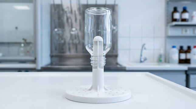 Clear glass bottle inverted on a white plastic drying rack inside a laboratory sink environment