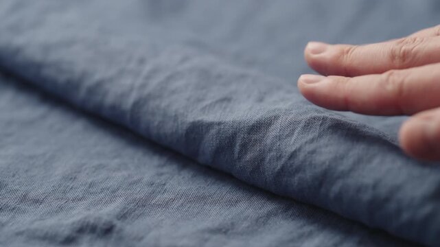 Slow motion man hand checking blue linen shirt cloth