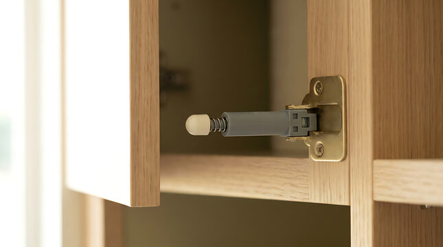Close up of a push to open cabinet latch mechanism installed on an oak wood furniture frame