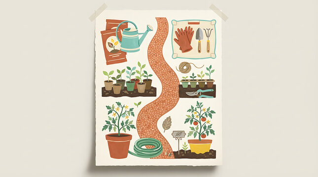 Gardening themed showing potted plants, tools, watering can, and seeds on paper texture