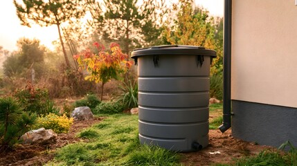 Obraz premium A gray rainwater harvesting tank stands on grass beside a house wall under soft golden sunlight filtering through trees