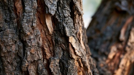 Fototapeta premium Close up of rugged tree bark showing deep grooves and layered textures under natural light
