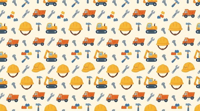 Cute construction vehicles and tools seamless pattern background
