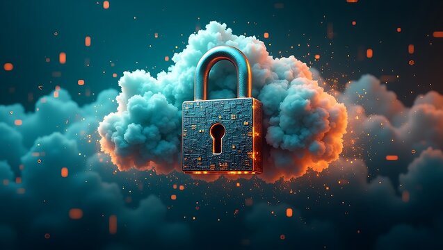 Digital padlock on cloud data security concept