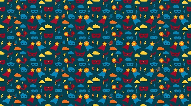 Seamless superhero pattern with masks capes and lightning bolts