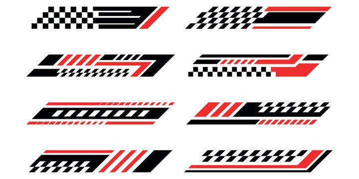 Set of abstract racing car body decals with checkered flag patterns and red black stripes.