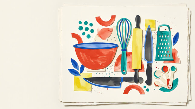 Watercolor of kitchen utensils including a mixing bowl, whisk, rolling pin, and knife