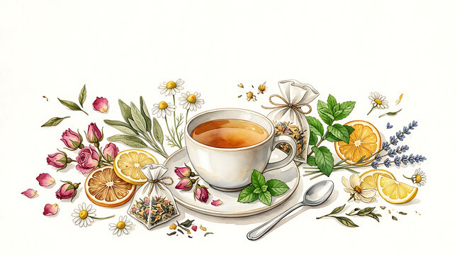 White porcelain teacup with herbal tea surrounded by dried flowers, citrus slices, and tea bags