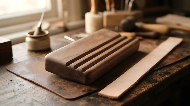Wooden leather crafting tool holder with grooves on a workbench with leather strips and tools