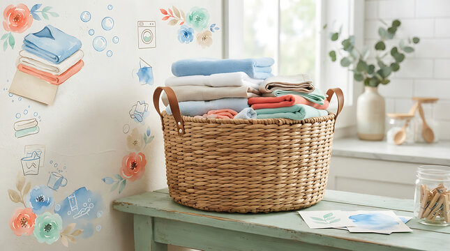 Wicker basket full of folded laundry on a table with watercolor of cleaning supplies