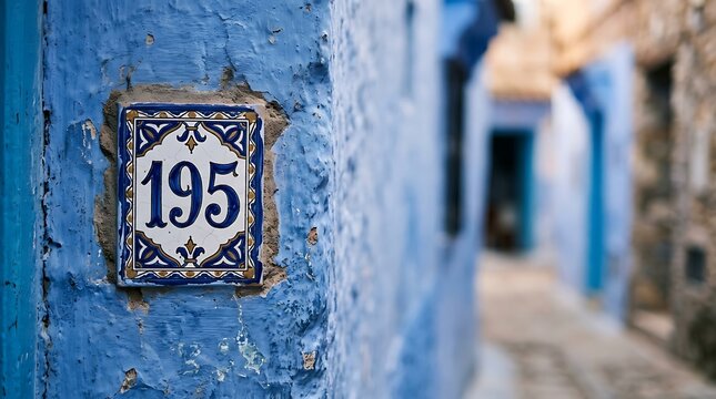 Traditional ceramic number tile on a vibrant blue wall in morocco