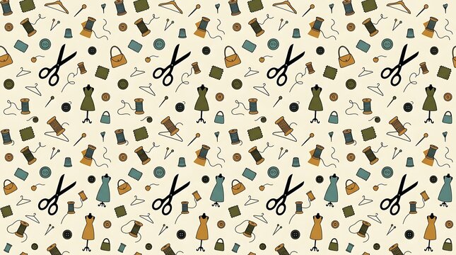 Seamless pattern with vintage sewing tools and tailoring elements