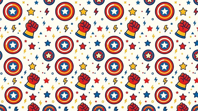 Superhero seamless pattern with shields fists and stars