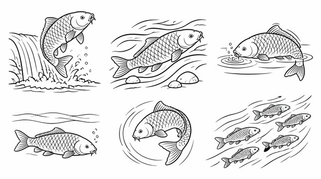 Set of hand-drawn carp fish in various poses and water environments