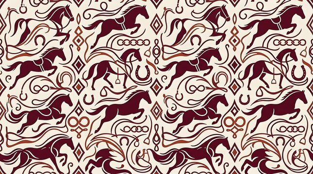 Elegant equestrian pattern with jumping horses and horseshoes