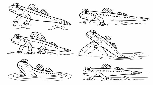 Mudskipper fish set in various poses, cute cartoon line art