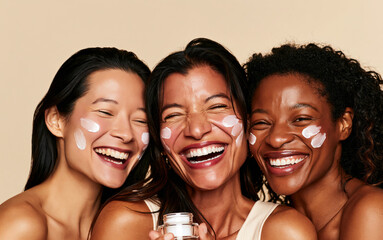 Obraz premium diverse women laughing and smiling, showcasing glowing natural skin with white skincare cream 