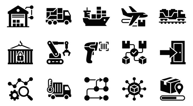 Logistics and supply chain icons set delivery warehousing and security