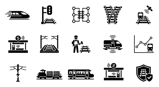 Railway infrastructure icons train systems tracks and control elements