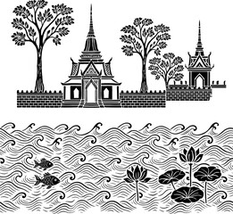 Temple Thai mural wall painting vector © Tawan