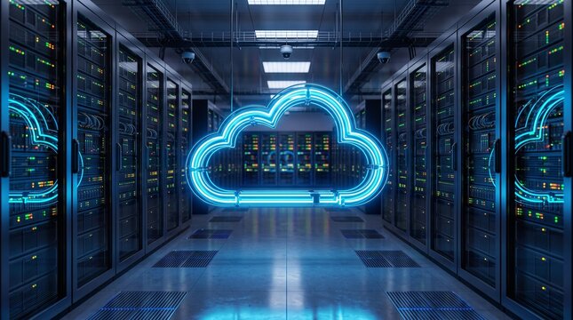 Glowing neon cloud icon in data server room for cloud computing and network infrastructure concepts
