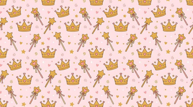 Golden crowns and magic wands seamless pattern on pink background